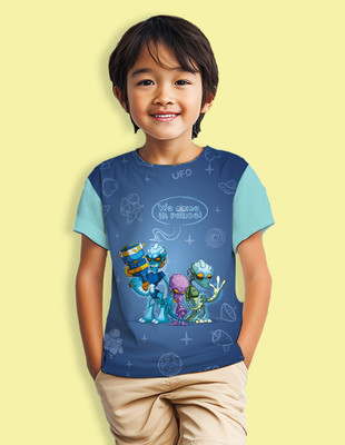 Nusyl Boys Graphic Print Cotton Blend Regular T Shirt(Blue, Pack of 1)