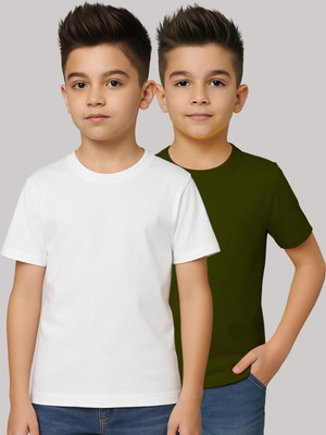 FRISKERS Boys Solid Pure Cotton Regular T Shirt(White, Green, Pack of 2)