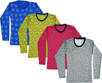 KAVYA Girls Printed Wool Blend Regular T Shirt(Multicolor, Pack of 4)