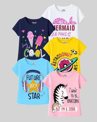 Kuchipoo Girls Printed Cotton Blend Regular T Shirt(Multicolor, Pack of 5)