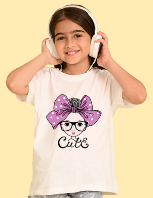 Nusyl Girls Graphic Print Cotton Blend Oversized T Shirt(White, Pack of 1)