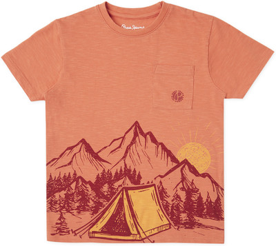 Pepe Jeans Boys Printed Pure Cotton Regular T Shirt(Orange, Pack of 1)