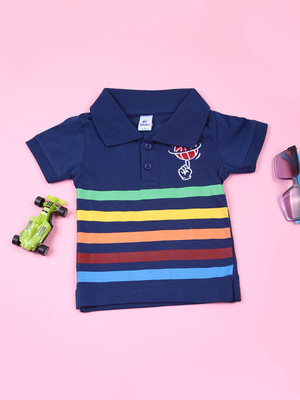 V-MART Baby Boys Striped Cotton Blend Regular T Shirt(Blue, Pack of 1)