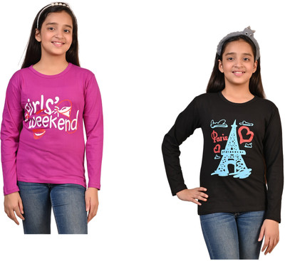 Indistar Girls Printed Pure Cotton Regular T Shirt(Multicolor, Pack of 2)