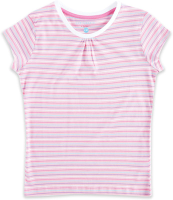 Pantaloons Junior Girls Striped Pure Cotton Regular T Shirt(Pink, Pack of 1)