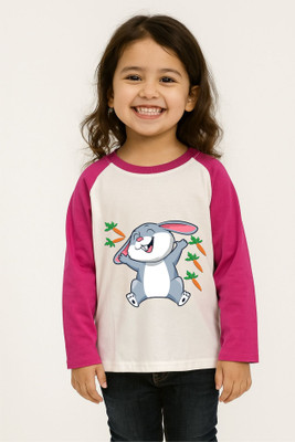 GROWWEARS Girls Printed, Graphic Print Cotton Blend Regular T Shirt(Multicolor, Pack of 1)