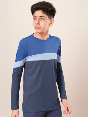 TECHNOSPORT Boys Colorblock Polyester Slim T Shirt(Blue, Grey, Pack of 1)