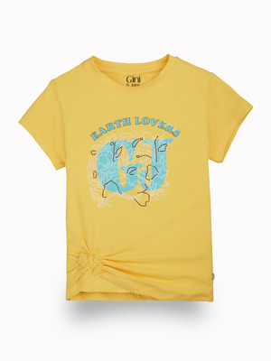 GINI & JONY Baby Girls Printed Cotton Blend Regular T Shirt(Yellow, Pack of 1)
