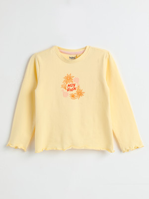 milou Girls Printed Pure Cotton Regular T Shirt(Yellow, Pack of 1)