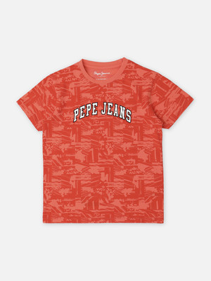 Pepe Jeans Boys Printed Pure Cotton Regular T Shirt(Orange, Pack of 1)