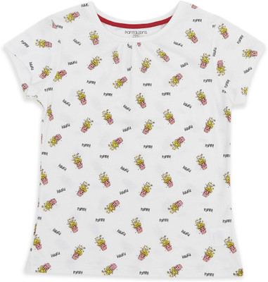 Pantaloons Junior Girls Printed Pure Cotton Regular T Shirt(White, Pack of 1)