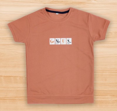 FEBVIBE Boys Typography Cotton Blend T Shirt(Orange, Pack of 1)