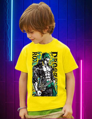 Snojh Boys & Girls Printed Cotton Blend Regular T Shirt(Yellow, Pack of 1)