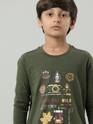 INDIAN TERRAIN Boys Graphic Print Pure Cotton Regular T Shirt(Green, Pack of 1)