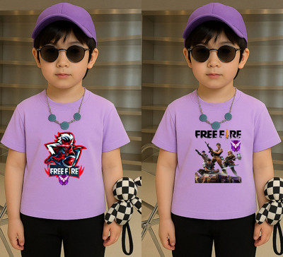 Lecowar Boys Printed Polyester Regular T Shirt(Purple, Pack of 2)