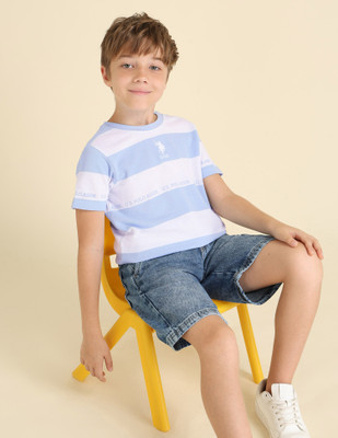 U.S. POLO ASSN. Baby Boys Striped Pure Cotton Regular T Shirt(Blue, Pack of 1)