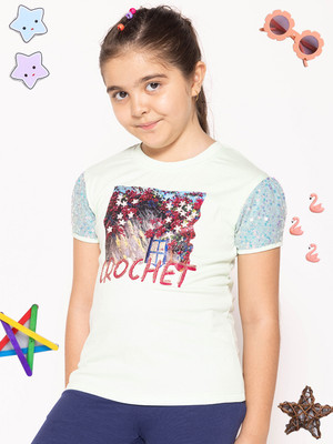 PAMPOLINA Girls Printed Cotton Blend Regular T Shirt(White, Pack of 1)