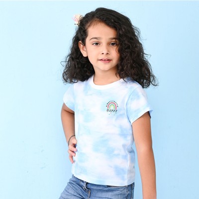 Nusyl Girls Tie & Dye, Printed Cotton Blend Regular T Shirt(Blue, Pack of 1)