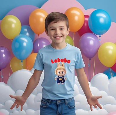 Kidloo Boys Labubu, Graphic Print Cotton Blend Regular T Shirt(Light Blue, Pack of 1)
