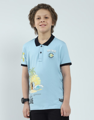 MONTE CARLO Boys Printed Cotton Blend Regular T Shirt(Blue, Pack of 1)