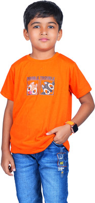Yellowtoons Boys Printed Cotton Blend Regular T Shirt(Orange, Pack of 1)