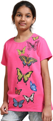 estuna Girls Graphic Print Pure Cotton Regular T Shirt(Pink, Pack of 1)