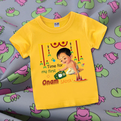 MOMS DESIRE Baby Boys & Baby Girls Printed Cotton Blend Regular T Shirt(Yellow, Pack of 1)
