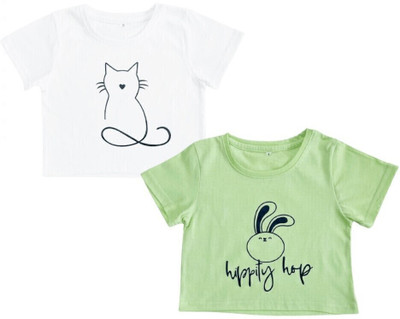 Piku Store Girls Printed Cotton Blend Regular T Shirt(Green, Pack of 2)