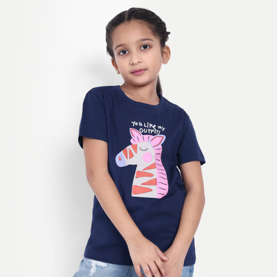 one sky Girls Printed Pure Cotton Regular T Shirt(Blue, Pack of 1)
