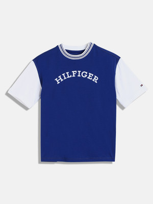 TOMMY HILFIGER Boys Graphic Print Cotton Blend Regular T Shirt(Blue, Pack of 1)