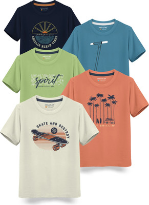 Hellcat Boys Printed Cotton Blend Regular T Shirt(Green, Pack of 5)