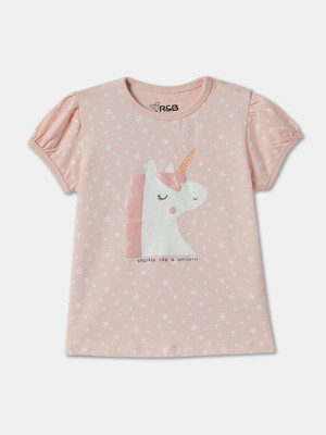 R&B Baby Girls Graphic Print Pure Cotton Regular T Shirt(Pink, Pack of 1)
