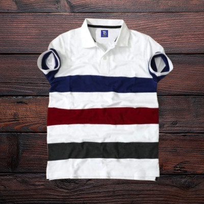 TB Blue Boys Striped Cotton Blend Slim T Shirt(White, Pack of 1)