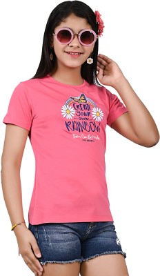 Telesto Girls Printed Cotton Blend T Shirt(Pink, Pack of 1)