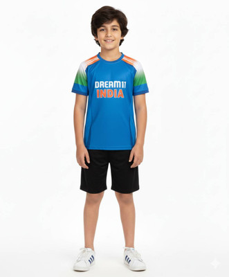 Thiva Boys & Girls Printed Polyester Regular T Shirt(Blue, Pack of 1)