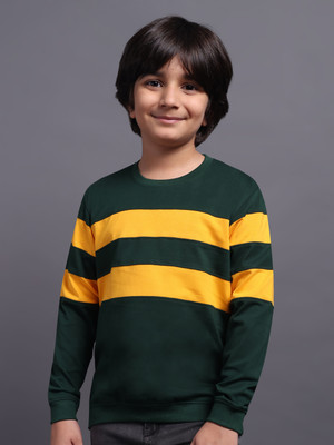 PROVOGUE Boys Striped Pure Cotton Regular T Shirt(Green, Pack of 1)