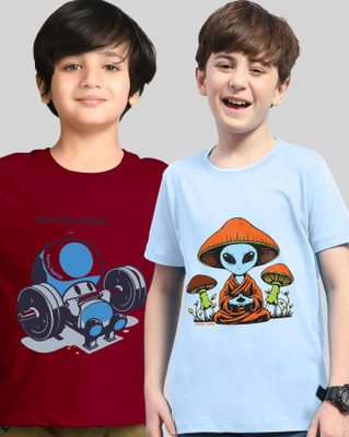 AOOSH Boys Printed Cotton Blend Regular T Shirt(Maroon, Light Blue, Pack of 2)