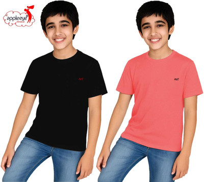 Appleeye Boys Solid Cotton Blend Regular T Shirt(Black, Pack of 2)