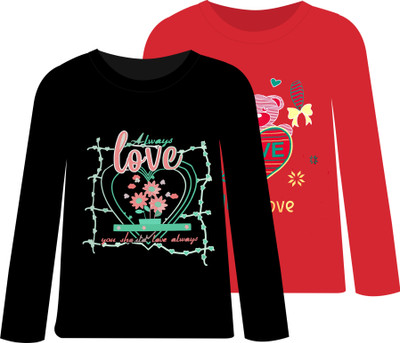 CoolTees4U Girls Printed Cotton Blend Regular T Shirt(Multicolor, Pack of 2)