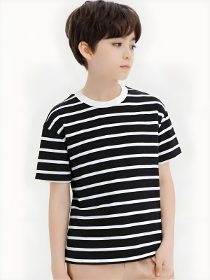 QYLA Boys & Girls Striped Cotton Blend Regular T Shirt(Black, Pack of 1)