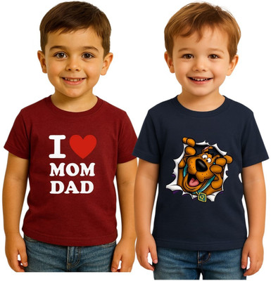 jpf Boys Printed Cotton Blend Regular T Shirt(Maroon, Grey, Pack of 2)