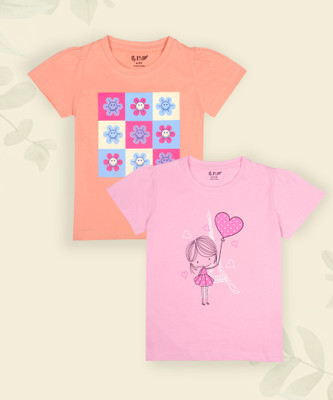 J&JP Girls Printed Cotton Blend Regular T Shirt(Multicolor, Pack of 2)