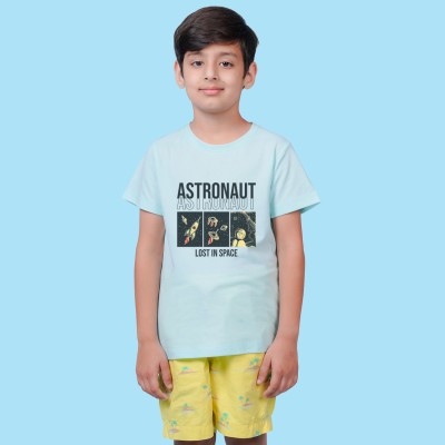 Nusyl Boys Typography, Printed Cotton Blend Regular T Shirt(Light Blue, Pack of 1)