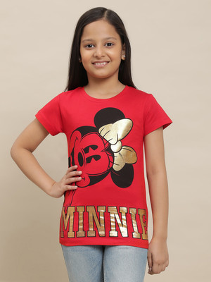 kidsville Girls Printed Pure Cotton Regular T Shirt(Red, Pack of 1)