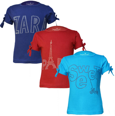 Just Live Fashionn Girls Printed Pure Cotton Regular T Shirt(Multicolor, Pack of 3)