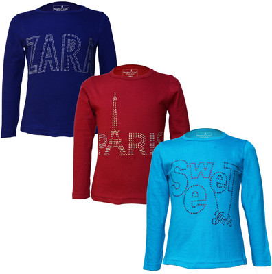 Just Live Fashionn Girls Printed Pure Cotton Regular T Shirt(Multicolor, Pack of 3)