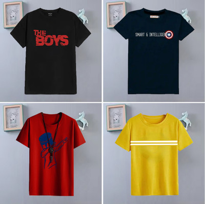 HouseOfCommon Boys & Girls Printed Cotton Blend Regular T Shirt(Multicolor, Pack of 4)