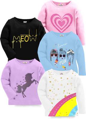 Kuchipoo Girls Printed Cotton Blend Regular T Shirt(Multicolor, Pack of 5)