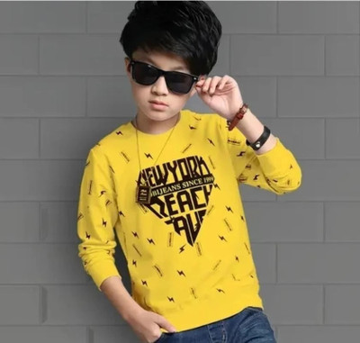 VKND Boys Printed Pure Cotton Regular T Shirt(Yellow, Pack of 1)