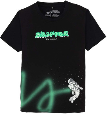 Status Quo Boys Printed Elastane, Cotton Blend Regular T Shirt(Black, Pack of 1)